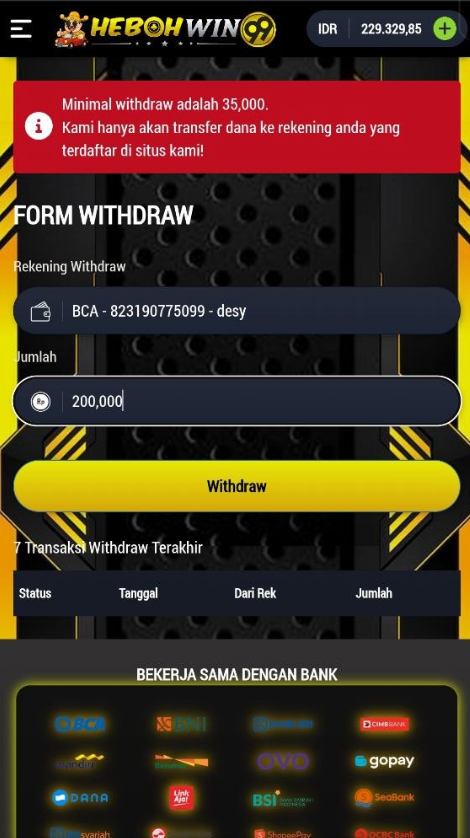 Contoh tampilan withdraw